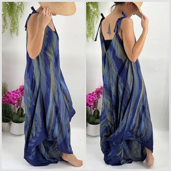 Pōʻalima Blue Tan Tropical Boho Wide Leg Beach Romper - Picture 7 of 14